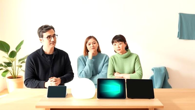 Tres figuras observan dispositivos luminosos en calma