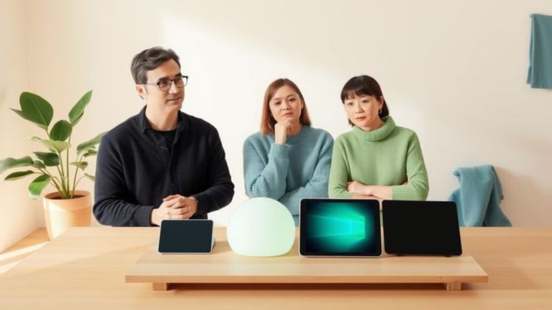Tres figuras observan dispositivos luminosos en calma