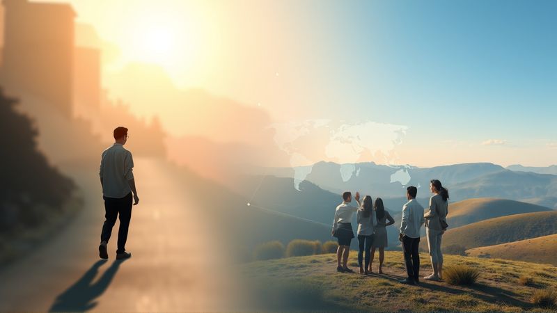 Personas colaboran en un mapa holográfico sereno