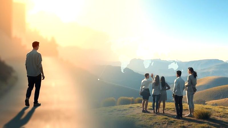 Personas colaboran en un mapa holográfico sereno