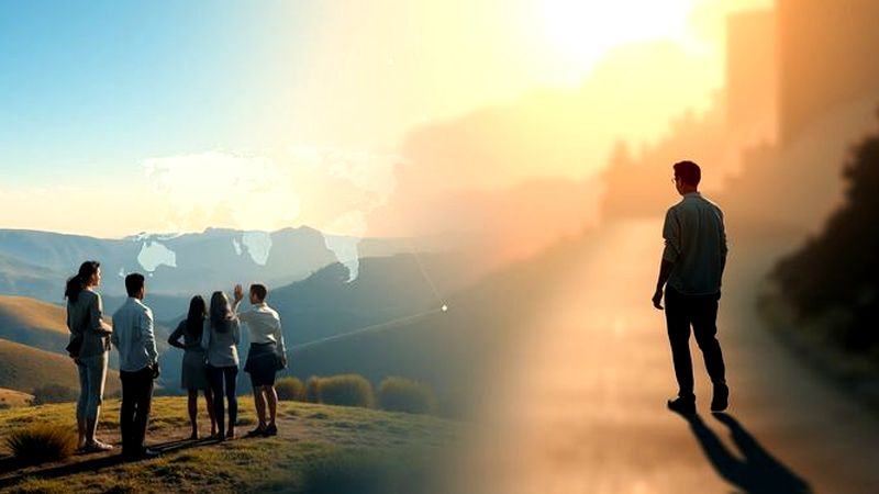 Personas colaboran en un mapa holográfico sereno