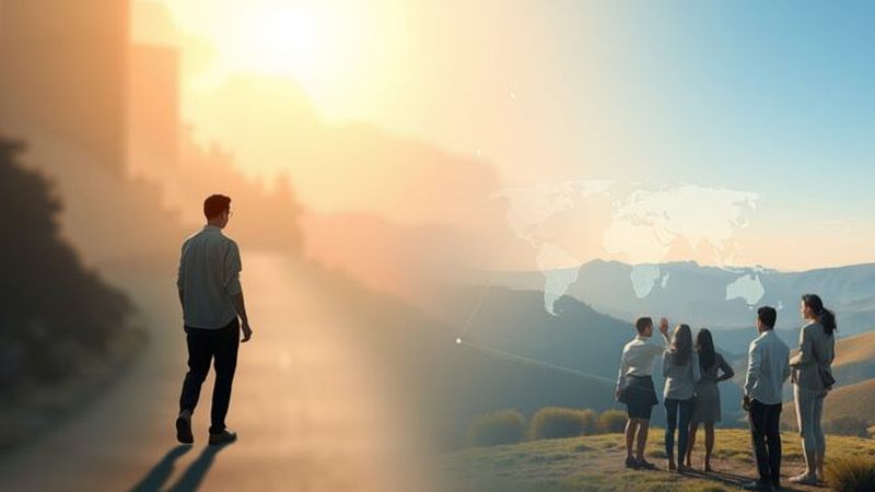 Personas colaboran en un mapa holográfico sereno