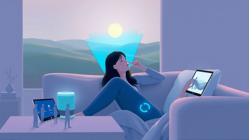 Una mujer disfruta un holograma tranquilo y moderno
