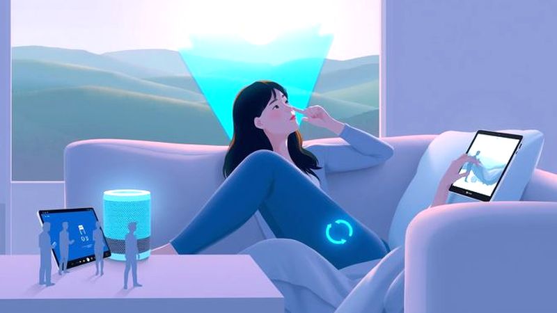 Una mujer disfruta un holograma tranquilo y moderno
