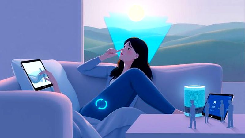 Una mujer disfruta un holograma tranquilo y moderno