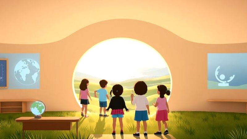 Niños exploran portal a un paisaje mágico