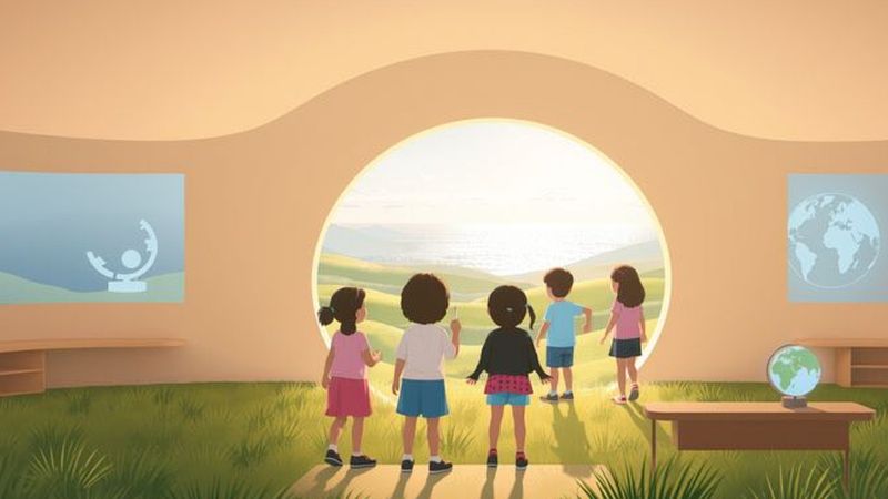 Niños exploran portal a un paisaje mágico